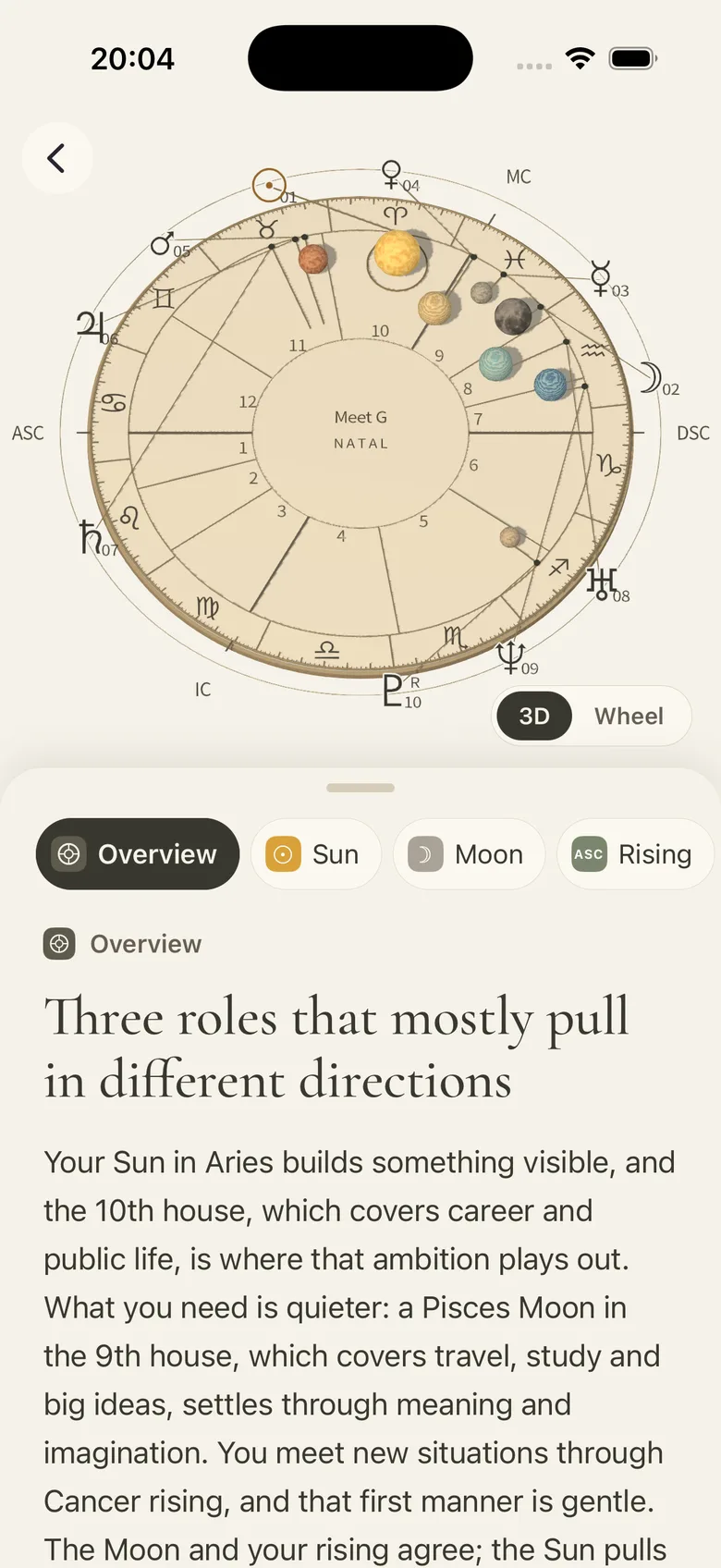Meet G 3D birth chart with planets, houses and a personal reading