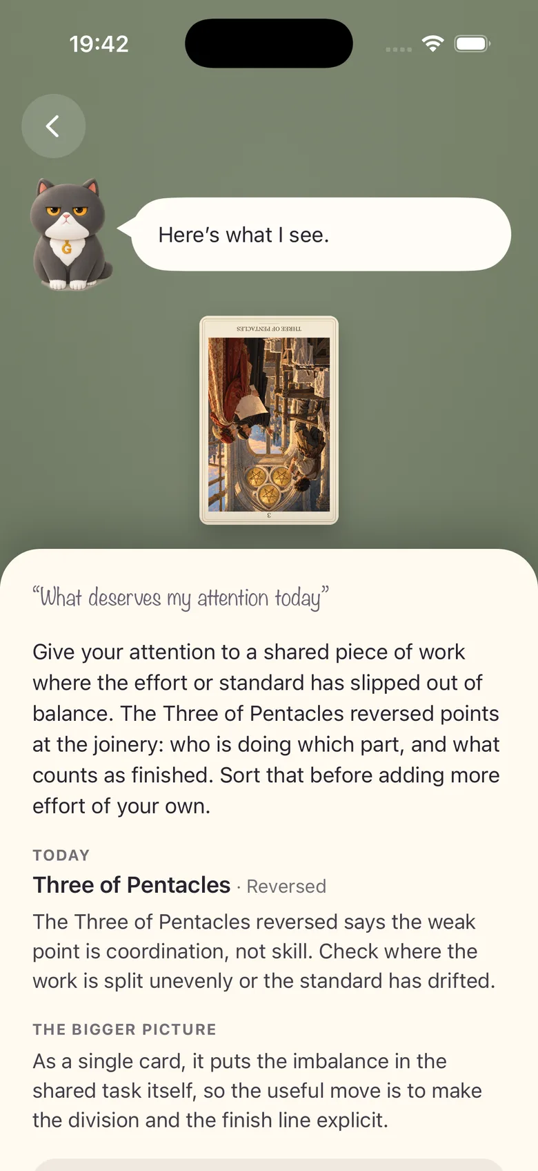 A tarot card and its reading in the English Meet G app