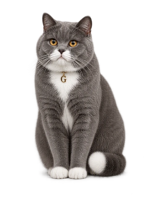 G, a round grey British Shorthair with amber eyes and a golden G pendant